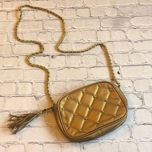 La Covina‎ gold quilted embellished crossbody bag with chain